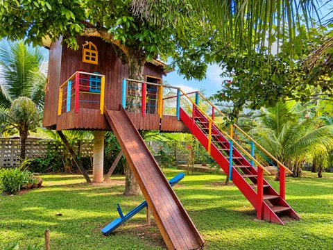 Casinha de madeira na árvore com escada colorida e escorregador no gramado