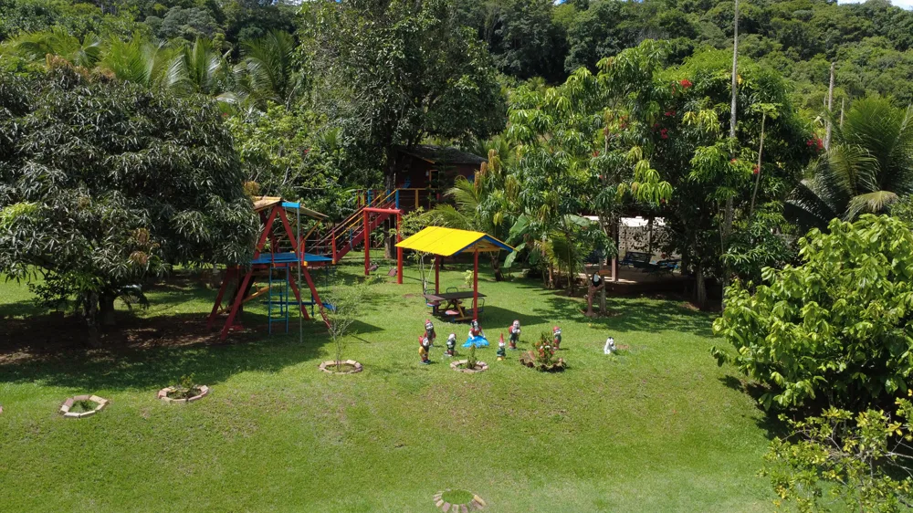 Parquinho da chácara visto do alto: balanços, casinha na árvore e mesinhas no gramado